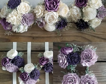 Custom Wedding Package Wisteria Plum Purple Lilac Lavender Sola Wood Flower Bouquet and dried Flowers Stella Designs Style 48Last Forever