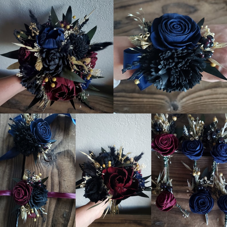 Custom Bouquet Moody Gold Dark Black Wine Burgundy Navy Sola Wood Dried Flowers Preserved Greenery Eucalyptus Wedding Style 725 image 5