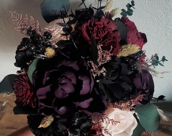 Custom Bouquet Moody Dark Black Wine Blush Plum Burgundy Sola Wood Dried Flowers Preserved Greenery Eucalyptus Fall Winter Wedding Style 708