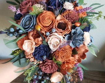 Custom Bouquet Rust Burnt Orange Slate Dusty Blue Navy Terracotta Blush Sola Wood Dried Flowers Faux Greenery Eucalyptus Wedding Style 365