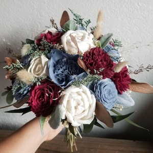 Custom Wedding Copper Wine Burgundy Slate Dusty Blue Sola Wood and Dried Flowers Faux Greenery Lambs Ear Bridal Bridesmaid Bouquet Style 14