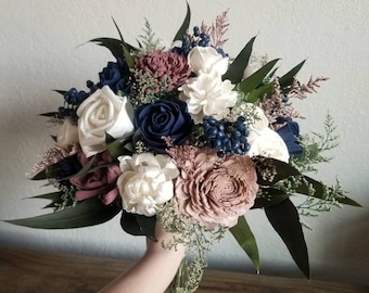 Custom Bouquet Cascade Wild Dusty Desert Rose Navy Sola Wood and Dried Flowers Greenery Eucalyptus Wedding Bridal Bridesmaid Gift Style 466