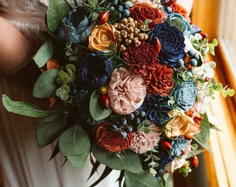 Custom Bouquet Rust Burnt Orange Slate Dusty Blue Navy Terracotta Peach Blush Sola Wood Dried Flowers Greenery Eucalyptus Wedding Style 711