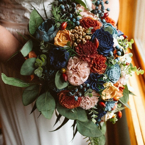 Custom Bouquet Rust Burnt Orange Slate Dusty Blue Navy Terracotta Peach Blush Sola Wood Dried Flowers Greenery Eucalyptus Wedding Style 711