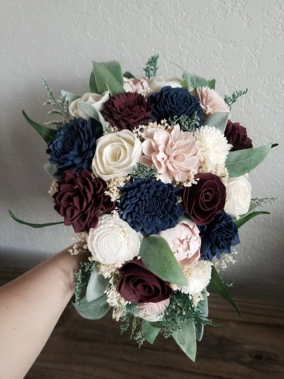 Custom Bouquet Cascade Wine Blush Blue Navy Sola Wood and Dried Flowers Greenery Eucalyptus Wedding Bridal Bridesmaid Gift Style 185 Il_570xn