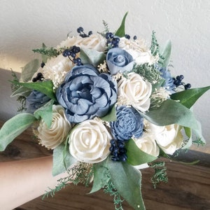 Custom Bouquet Dusty Blue Sola Wood and Dried Flowers Greenery Faux Eucalyptus Wedding Bridal Bridesmaid Gift Cascade Wild Style 222