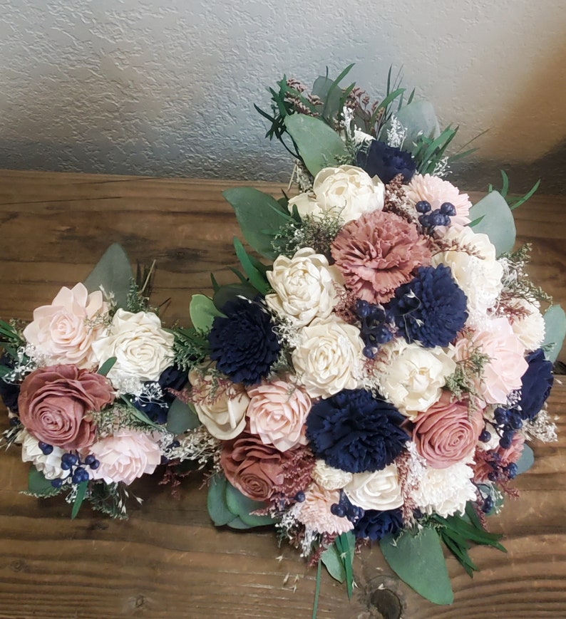 Custom Bouquet Cascade Dusty Rose Gold Blush Navy Sola Wood and Dried Flowers Greenery Eucalyptus Wedding Bridal Bridesmaid Gift Style 111 image 6