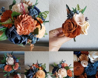 Custom Bouquet Rust Burnt Orange Slate Dusty Blue Navy Terracotta Peach Blush Sola Wood Dried Flowers Greenery Eucalyptus Wedding Style 716