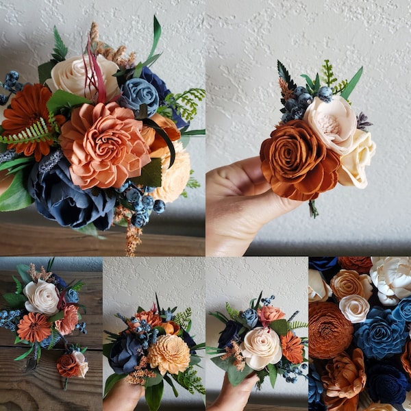 Custom Bouquet Rust Burnt Orange Slate Dusty Blue Navy Terracotta Peach Blush Sola Wood Dried Flowers Greenery Eucalyptus Wedding Style 716