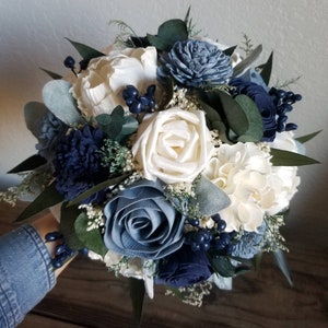 Custom Bouquet Cascade Slate Dusty Blue Navy Sola Wood and Dried Flowers Greenery Eucalyptus Wedding Bridal Bridesmaid Gift Style 180B