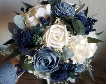 Custom Bouquet Cascade Slate Dusty Blue Navy Sola Wood and Dried Flowers Greenery Eucalyptus Wedding Bridal Bridesmaid Gift Style 180B