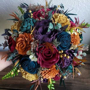 Custom Bouquet Jewel Tone Rust Orange Yellow Marigold Red Burgundy Teal Green Eggplant Plum Blue Sola Wood Dried Flowers Wedding Style 742