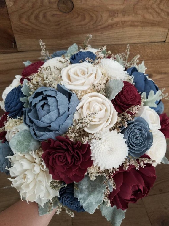 Custom Steel Dusty Blue Burgundy Wedding Bouquet Sola Wood