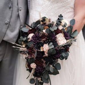 Custom Bouquet Moody Dark Black Wine Blush Plum Burgundy Sola Wood Dried Flowers Preserved Greenery Eucalyptus Fall Winter Wedding Style 381