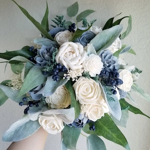 Custom Bridal Bouquet Navy Sage Dusty Slate Steel Blue Sola Wood and dried Flower Stella Designs Shop Style 188 Bridesmaids Set Cascade Wild