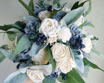 Custom Bridal Bouquet Navy Sage Dusty Slate Steel Blue Sola Wood and dried Flower Stella Designs Shop Style 188 Bridesmaids Set Cascade Wild