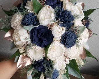 Custom Bouquet Cascade Slate Dusty Blue Navy Rose Gold Sola Wood Dried Flowers Greenery Eucalyptus Wedding Bridal Bridesmaid Gift Style 18