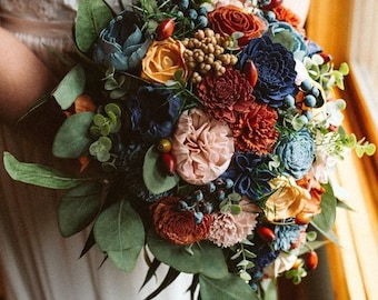 Custom Bouquet Rust Burnt Orange Slate Dusty Blue Navy Terracotta Peach Blush Sola Wood Dried Flowers Greenery Eucalyptus Wedding Style 711