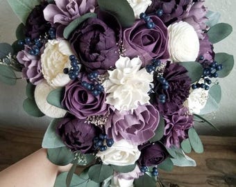 Custom Bouquet Plum Wisteria Purple Navy Lavender Sola Wood Dried Flowers Preserved Silver Dollar Green Eucalyptus Berries Wedding Style 356