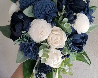 Custom Cascade Bouquet Bridal Navy Slate Steel Blue Ivory Sola Wood and dried Flowers Bridesmaids Set Boho Wildflower Style 120