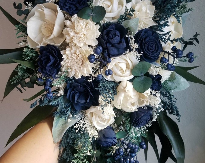 Wedding Bouquet, Bridal Bouquet Set, NAVY Blue, White, Dusty Blue