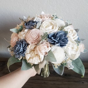 Custom Bouquet Dusty Blue Blush Pink Sola Wood and Dried Flowers Greenery Eucalyptus Wedding Bridal Bridesmaid Gift Style 181Last Forever