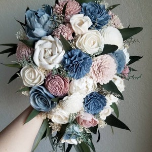 Custom Bouquet Bridal Dusty Blue Dusty Rose Blush Ivory Sola Wood and dried Flowers Bridesmaids Set Boho Wildflower Style 125Last Forever