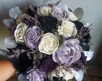 Custom Bouquet Silver Black Plum Purple Lilac Lavender Sola Flower Wedding Set Bridal Bridesmaids Toss Flower Girl Style 724