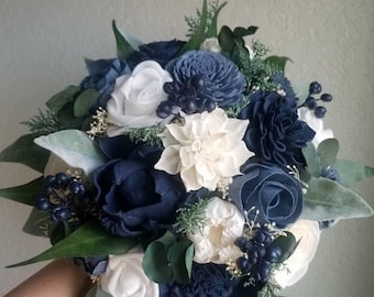 Custom Bouquet Cascade White Navy Steel Dusty Blue Sola Wood and Dried Flowers Faux Greenery Eucalyptus Wedding Bridal Bridesmaid Style 105