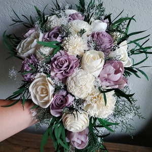 Custom Bouquet Lilac Sola Wood and dried Flower Cascade Teardrop Wedding Set Bridal Bridesmaids Toss Flower Girl Stella Designs Style 616