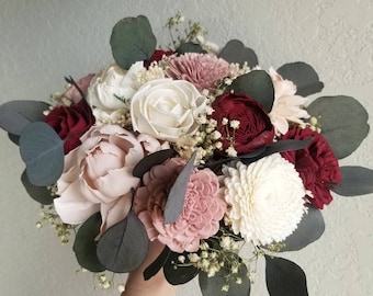 Custom Bouquet Burgundy Blush Ballet Sola Wood and Dried Flowers and Eucalyptus Boho Wedding Set Bridal Bridesmaids Flower Girl Style 210