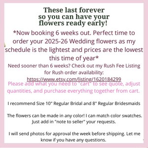 text that provides information about a service for ordering wedding flowers. It suggests that the flowers can be made in any color and that the customer can match color swatches. The text also mentions that the customer can add a note to the seller for additional information. The image does not contain any visual content, such as photos, and does not describe any specific details about the flowers or the seller.