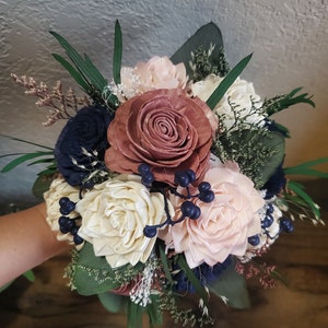 Custom Bouquet Cascade Dusty Rose Gold Blush Navy Sola Wood and Dried Flowers Greenery Eucalyptus Wedding Bridal Bridesmaid Gift Style 111 image 4