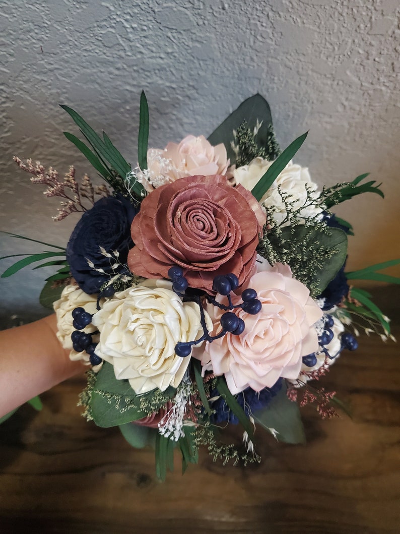 Custom Bouquet Cascade Dusty Rose Gold Blush Navy Sola Wood and Dried Flowers Greenery Eucalyptus Wedding Bridal Bridesmaid Gift Style 111 image 4