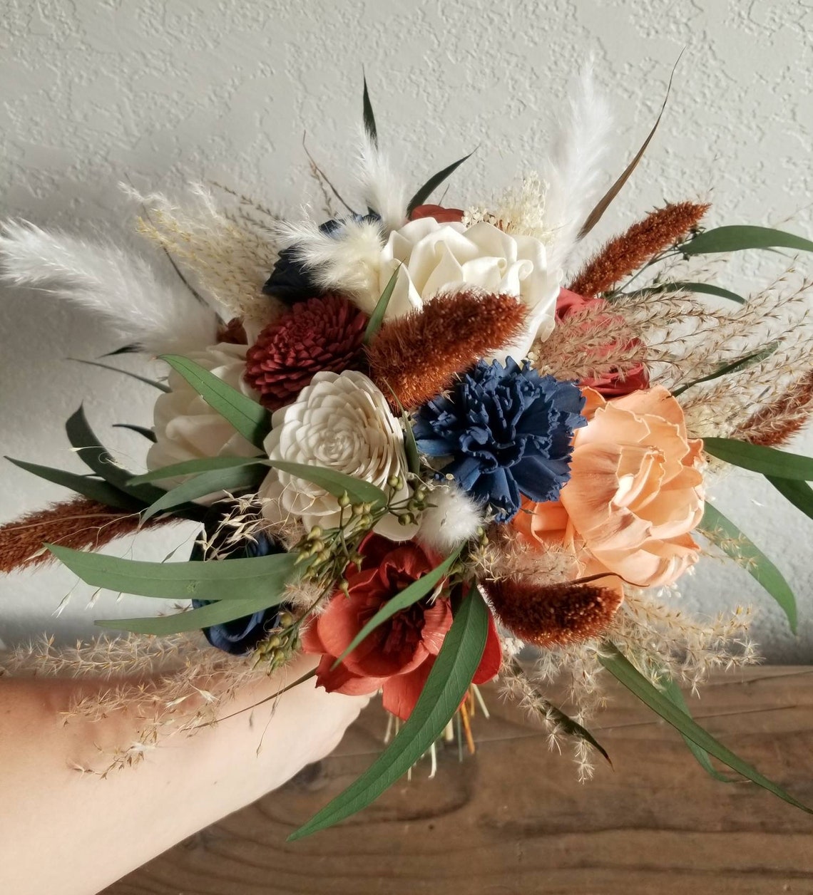 Custom Bouquet Pampas Grass Rust Burnt Orange Slate Dusty Blue image 1