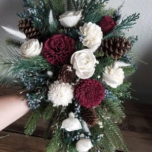 Custom Bouquet Winter Burgundy Dusty Blue Sola Wood and Dried Flowers Faux Greenery Pine cone Cedar Boho Wedding Bridal Bridesmaid Style 405