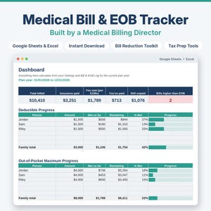 Puede incluir: Una interfaz de hoja de cálculo digital Medical Bill & EOB Tracker que muestra un panel con columnas para el total facturado, pagos de seguros y montos adeudados, incluyendo secciones de progreso de deducibles y máximos.
