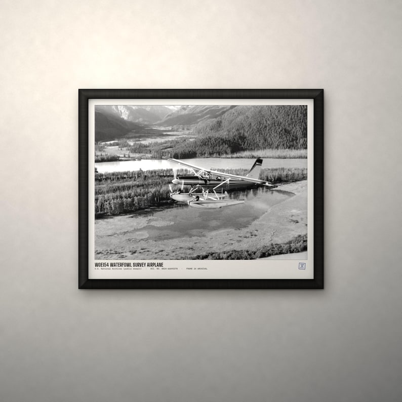 Peut inclure: Une impression encadr&eacute;e en noir et blanc montrant un hydravion survolant un paysage de montagnes, d'arbres et d'eau. Le texte en bas indique WDE154 WATERFOWL SURVEY AIRPLANE, U.S. FISH AND WILDLIFE SERVICE, DEC. 10, 1953, ALASKA, PHOTO BY ARCHIVE.
