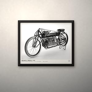 May include: A black and white framed print featuring the 1907 Curtiss V-8 motorcycle. The image displays the vintage motorcycle with its large engine, thin spoked wheels, and frame. Text at the bottom reads: MOTORCYCLE, CURTISS V-8 1907.