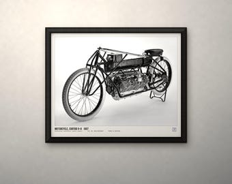 May include: A black and white framed print featuring the 1907 Curtiss V-8 motorcycle. The image displays the vintage motorcycle with its large engine, thin spoked wheels, and frame. Text at the bottom reads: MOTORCYCLE, CURTISS V-8 1907.