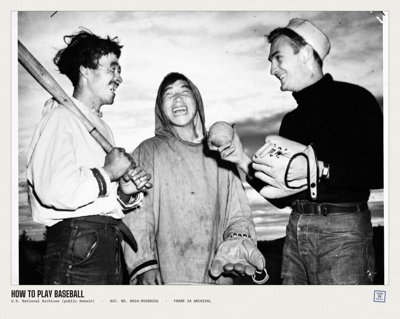 May include: A black and white photograph titled HOW TO PLAY BASEBALL featuring three individuals. One holds a wooden baseball bat, another holds a baseball, and the third wears a baseball glove. They are dressed in casual outdoor clothing.