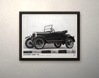 May include: A black and white framed print featuring a side profile of a 1926 Ford Model T Roadster. The text at the bottom reads 1926 FORD MODEL T ROADSTER 1926. The vintage automobile is depicted with spoked wheels, a folding windshield, and an open-top body style, presented within a simple black frame.