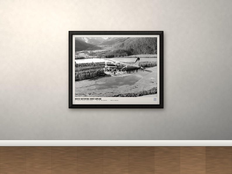 Peut inclure: Une impression encadr&eacute;e en noir et blanc repr&eacute;sentant un hydravion survolant un paysage forestier et un lac. Le texte en bas indique WIDGEON WATERFOWL SURVEY AIRPLANE. L'impression est ins&eacute;r&eacute;e dans un cadre noir simple avec une bordure blanche.