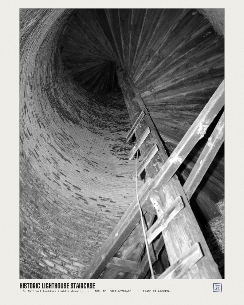 May include: A black and white photograph of a spiral wooden staircase inside a brick lighthouse tower. The image includes the text: HISTORIC LIGHTHOUSE STAIRCASE, U.S. National Archives (public domain), ACC. NO. 0024-66709606, FRAME 24 ARCHIVAL.