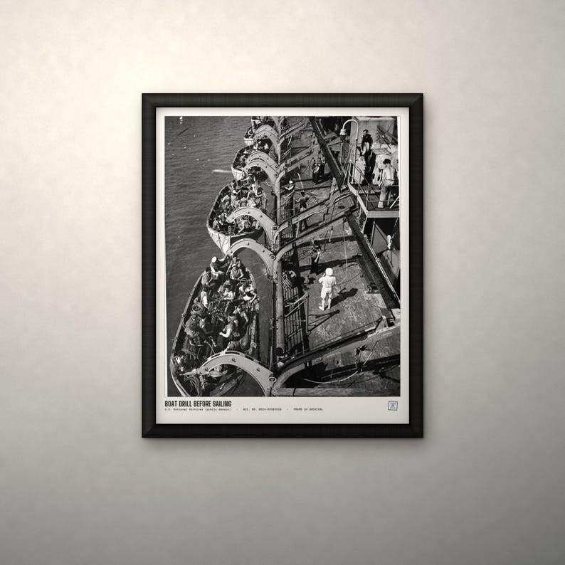 May include: A black and white framed print featuring an overhead view of a boat drill on a ship deck with lifeboats filled with people. The text at the bottom reads BOAT DRILL BEFORE SAILING, U.S. National Archives (1942), 80-G-3864-808038, FROM US ARCHIVES.
