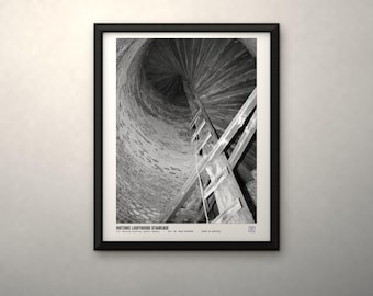 May include: A black and white framed print featuring a low-angle view of a historic lighthouse staircase spiraling upward inside a stone tower. The text at the bottom reads HISTORIC LIGHTHOUSE STAIRCASE, U.S. NATIONAL ARCHIVES, PUBLIC DOMAIN, NO. 80-G-470988, IMAGE IS ARCHIVAL.