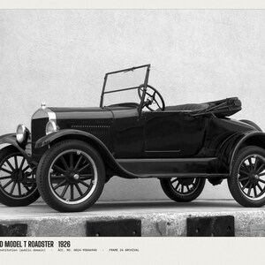 May include: A black 1926 Ford Model T Roadster with a folding soft top, spoked wheels, and a prominent radiator grille. The text 1926 FORD MODEL T ROADSTER 1926, Smithsonian Institution (public domain), ACC. NO. 0024-95846940, FRAME 24 ARCHIVAL appears.
