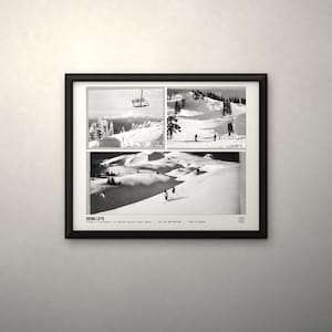 May include: A black and white framed print titled SKIING LIFTS featuring three photographic panels of snowy mountain landscapes with ski lifts and skiers. The print includes small text details at the bottom and a small square logo.