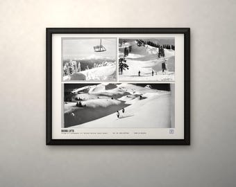 May include: A black and white framed print titled SKIING LIFTS featuring three photographic panels of snowy mountain landscapes with ski lifts and skiers. The print includes small text details at the bottom and a small square logo.