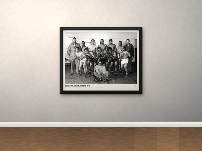 May include: A black and white framed photograph of the 1945 Norfolk Army Base boxing team. The image shows a group of athletes in boxing gear, with text at the bottom reading: BOXING TEAM, NORFOLK ARMY BASE, 1945.